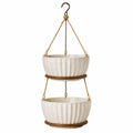 Jardinière suspendue double 28 cm en céramique blanc cassé avec cordes naturelles style décoratif