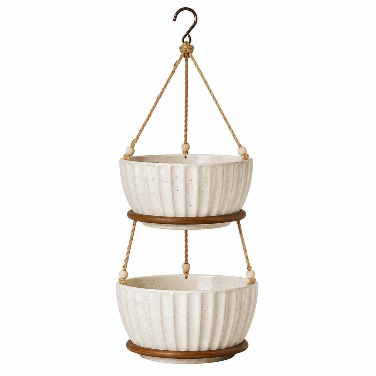 Jardinière suspendue double 28 cm en céramique blanc cassé avec cordes naturelles style décoratif