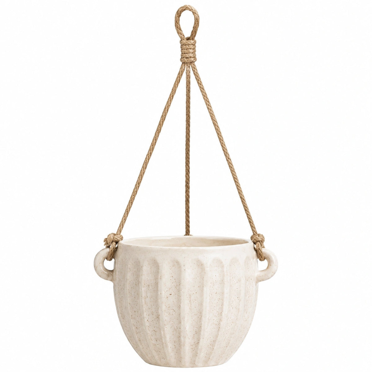 Pot de fleurs suspendu 18 x 16 cm en céramique écrue avec corde tressée style naturel