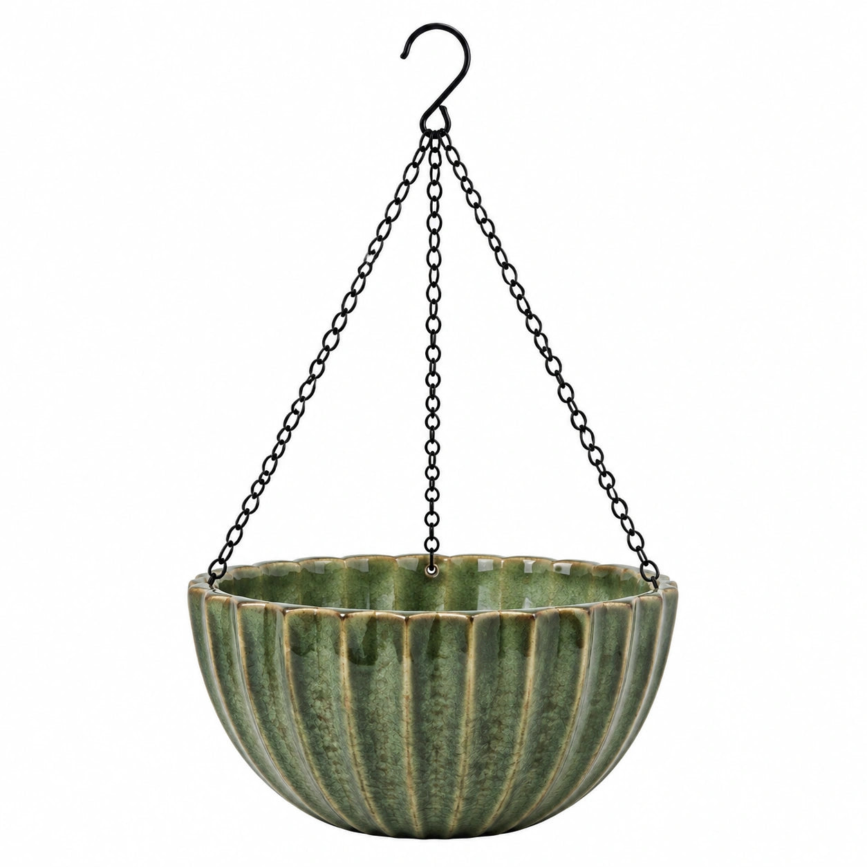Jardinière suspendue diamètre 25 cm en céramique verte pour plantes style strié