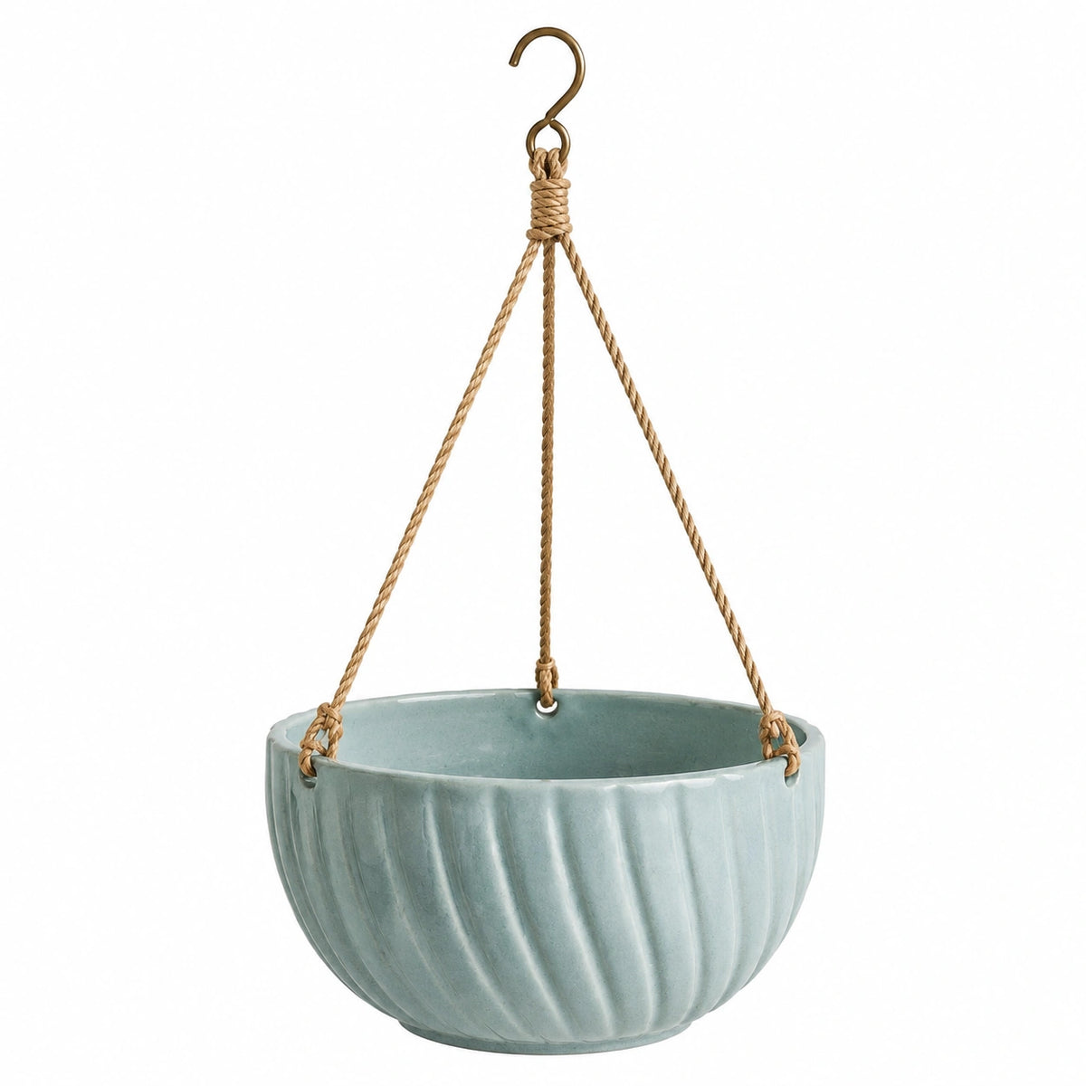 Pot de fleurs suspendu 25 cm en céramique bleu vert avec corde style naturel
