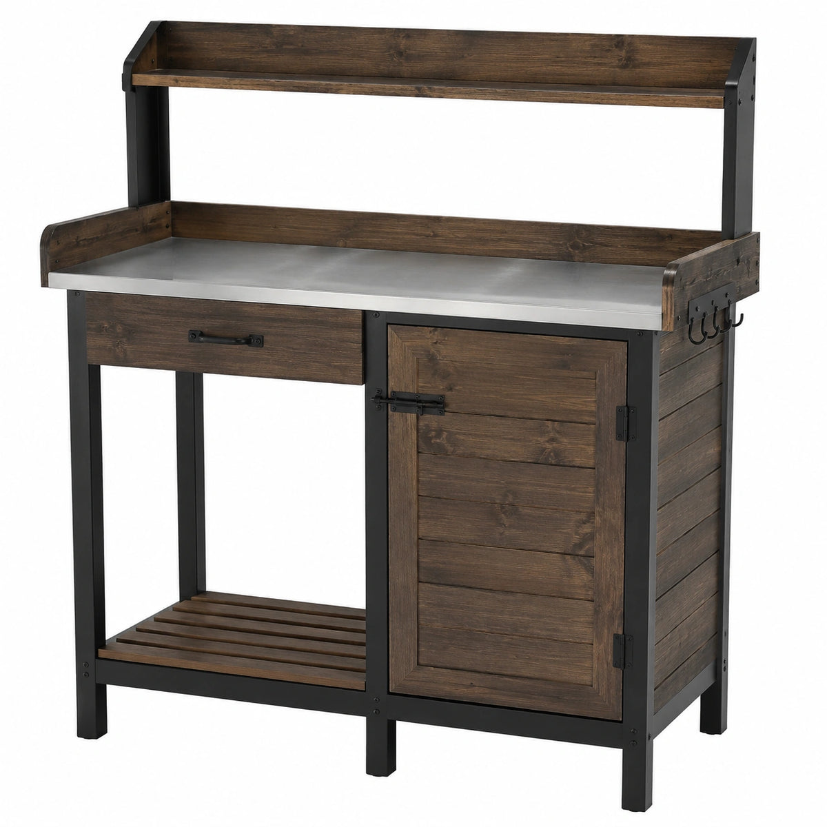 Table de rempotage 110 x 50 x 160 cm en bois brun et métal noir avec plan de travail galvanisé