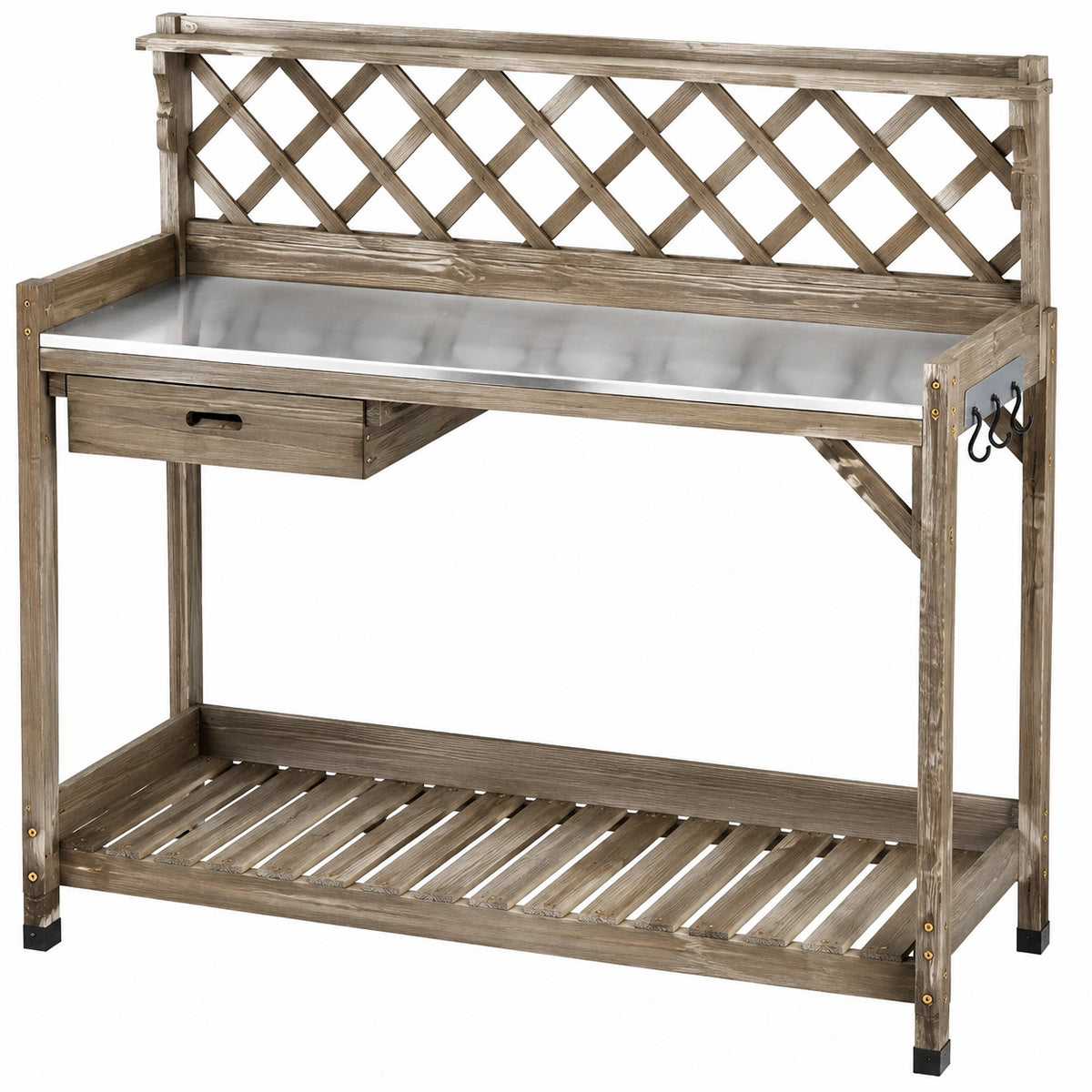 Table de jardinage 120 x 50 x 120 cm en bois gris avec plateau métallique treillis et rangement