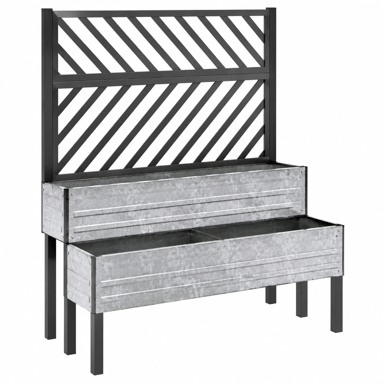 Jardinière surélevée 120 x 40 x 150 cm en acier galvanisé gris avec treillis noir pour extérieur