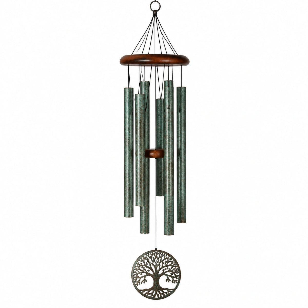 Carillon éolien 90 cm en métal vert patiné et bois - décoration suspendue sonore
