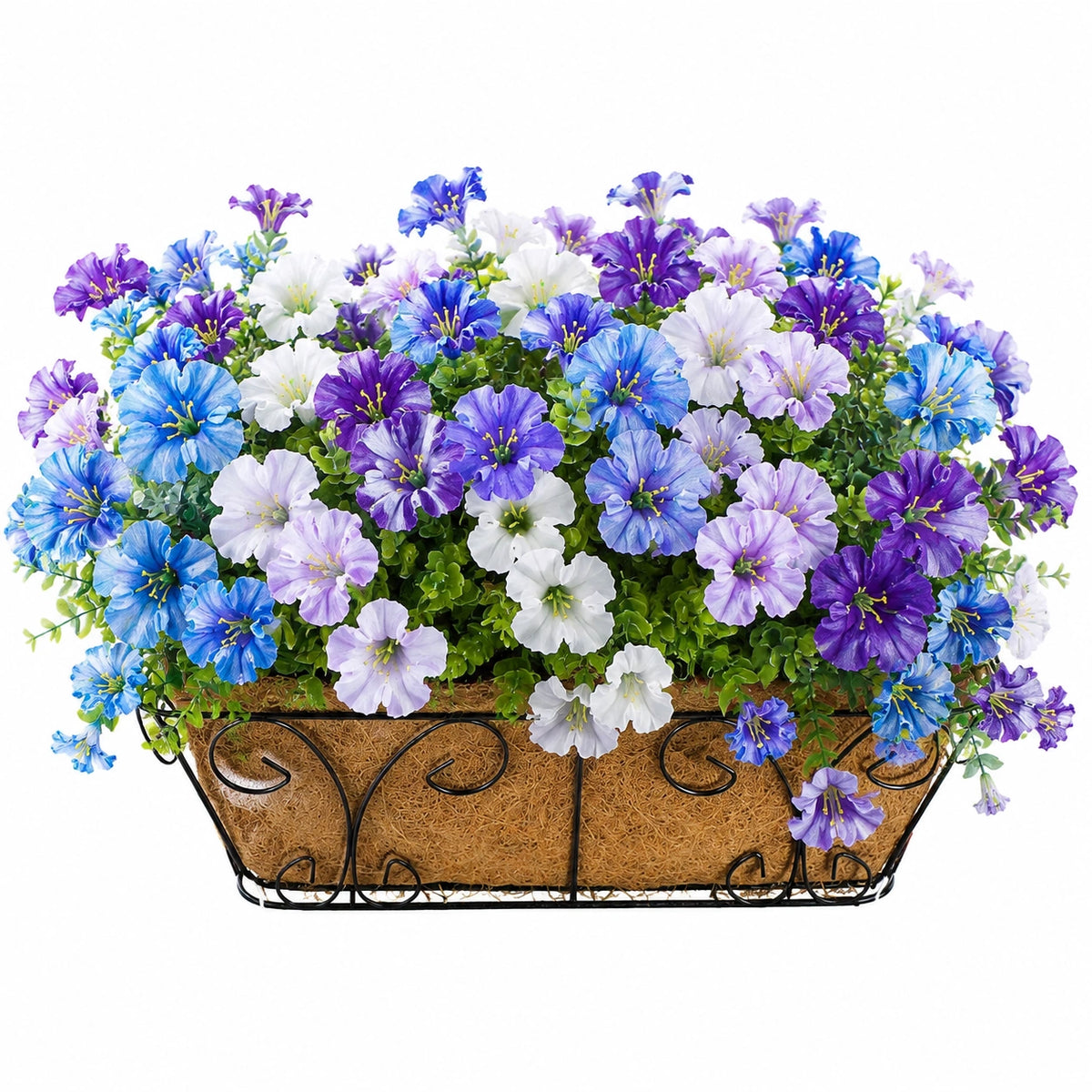 Composition florale artificielle 50 x 18 x 45 cm fleurs bleu violet blanc en polyester pour décoration intérieure