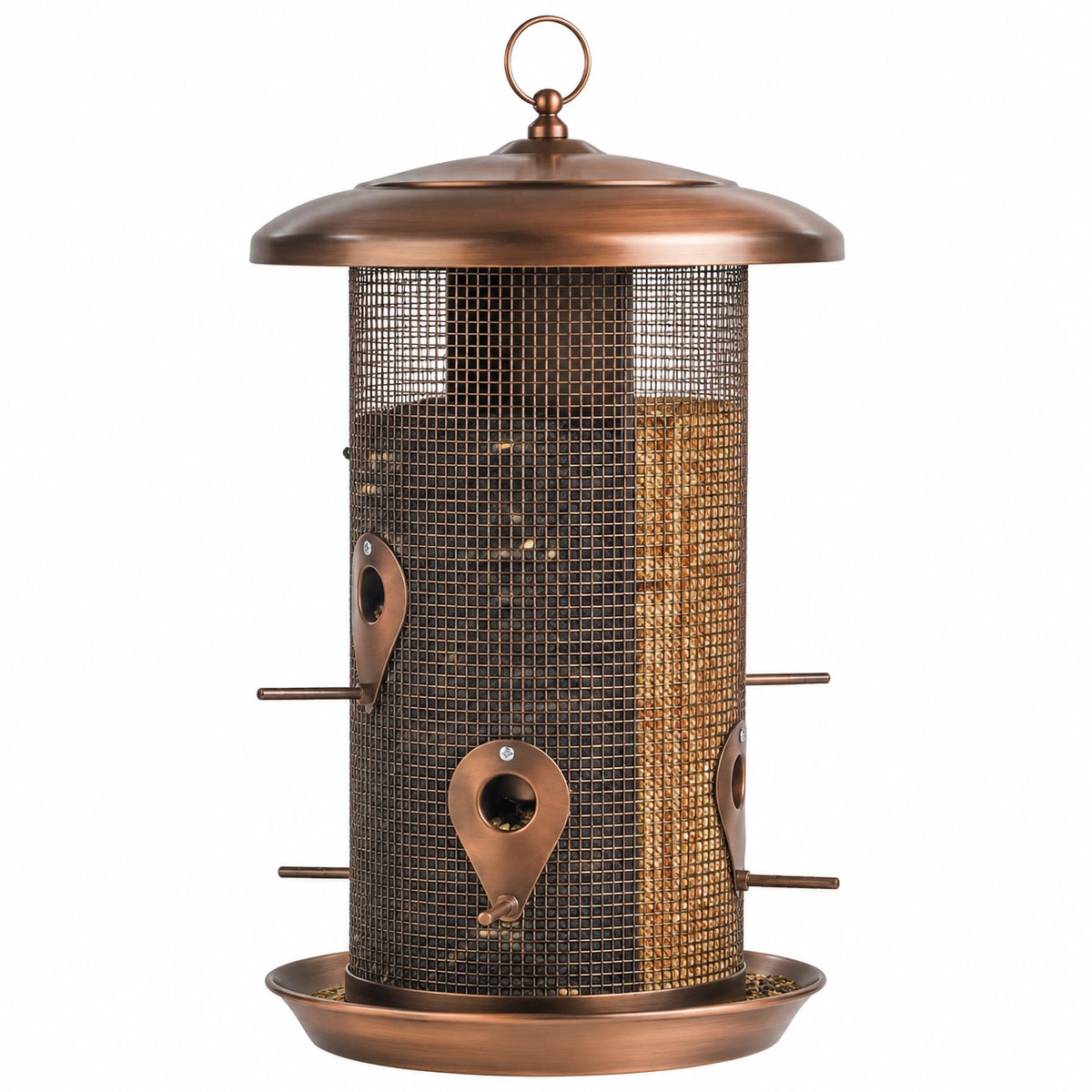 Mangeoire à oiseaux suspendue 20 x 43 cm en métal cuivre avec grille et perchoirs